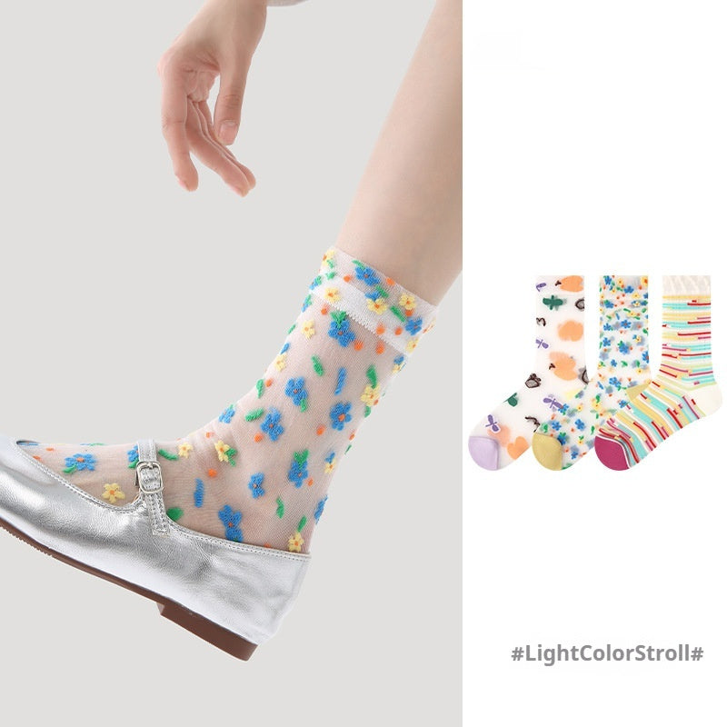 [ セット商品 ] カラーエア_カラフル メッシュ 薄手 通気性 ミドル丈ソックス (３足)