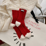 レッドウォーム_レディース レッドストライプ 裏起毛 ミドル丈ソックス