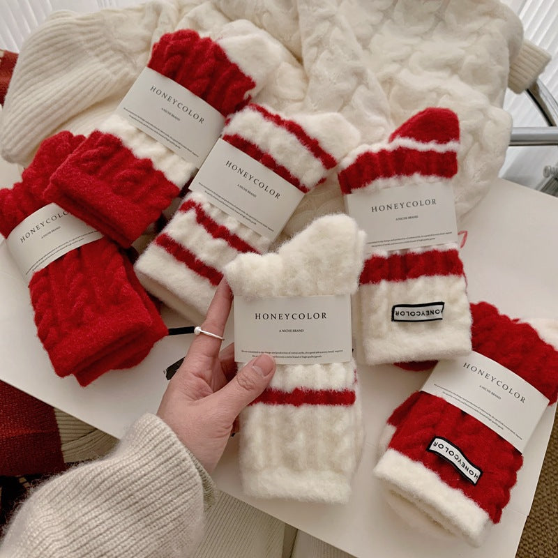 レッドウォーム_レディース レッドストライプ 裏起毛 ミドル丈ソックス