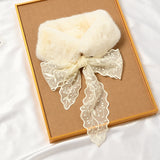 ラビットレースムーン_レディース ふわふわラビット風 ファーカラーマフラー レース付き 厚手あったか