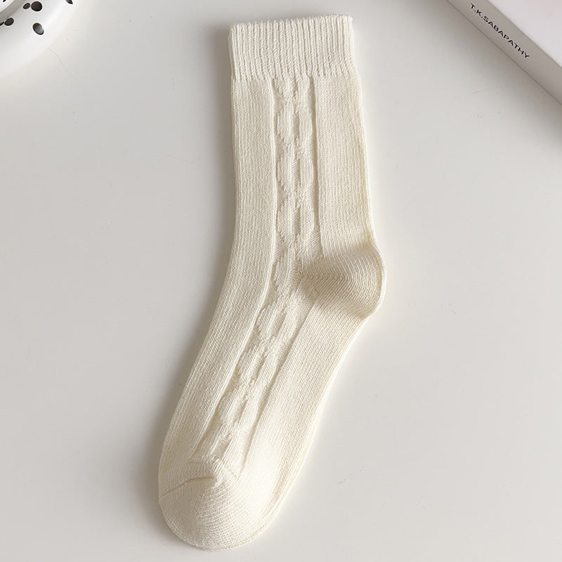 [ セット商品と単品商品] ダイヤニット_秋冬 レディース 厚手 ダイヤ編み ホワイト ミドル丈ソックス（6足/1足）