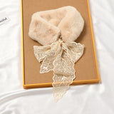 ラビットレースムーン_レディース ふわふわラビット風 ファーカラーマフラー レース付き 厚手あったか