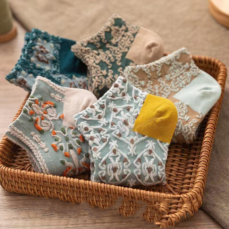 [ セット商品 ] レトロキュー_レディース レトロ 立体柄 ソックス（５足）