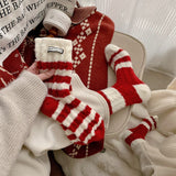 レッドウォーム_レディース レッドストライプ 裏起毛 ミドル丈ソックス