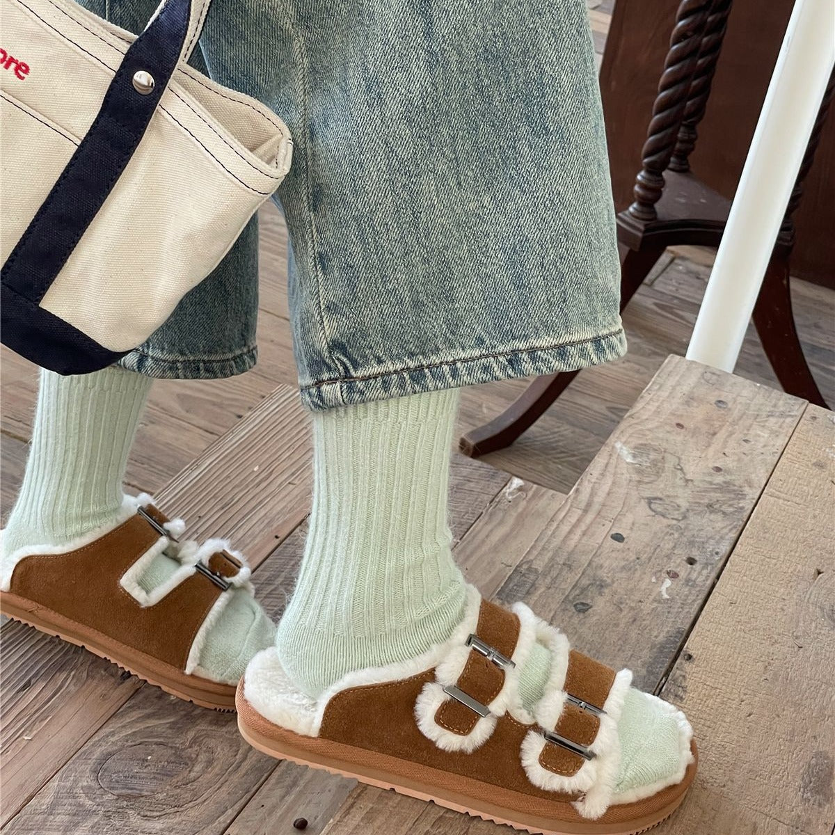 デイリーウォーム_無地 ラビットファー風 厚手ニット あったかソックス