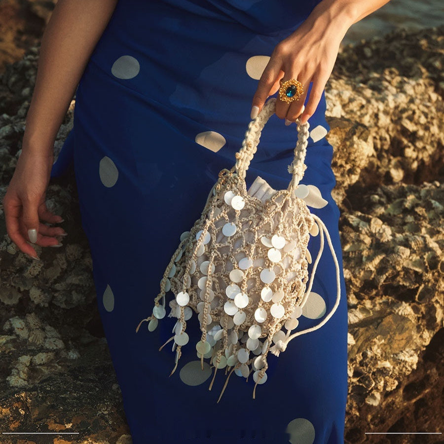 シェルエクラ_シェル型 コットンリネン スパンコール タッセル クラッチバッグ