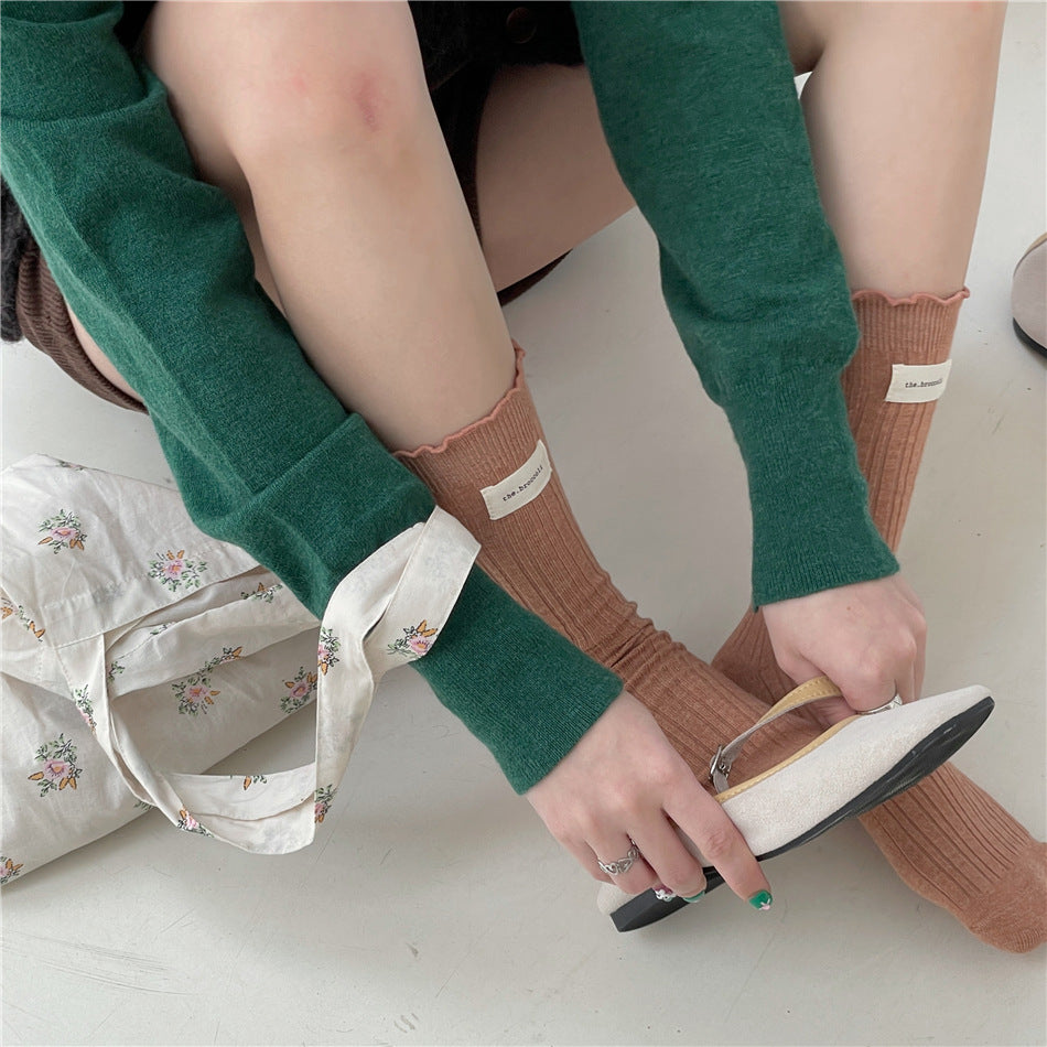 フリルスイート_秋冬新作 ガールズ 無地 フリル ミドル丈ソックス