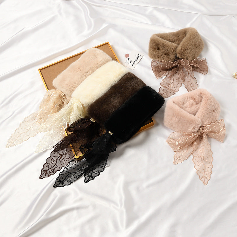 ラビットレースムーン_レディース ふわふわラビット風 ファーカラーマフラー レース付き 厚手あったか