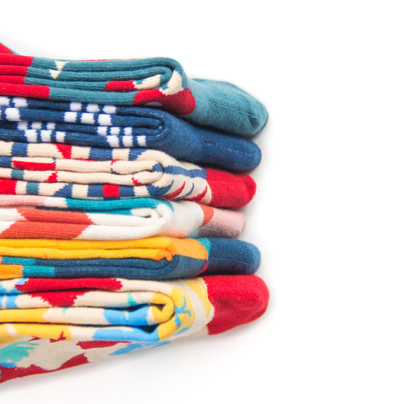 [ セット商品と単品商品] アートスケープ_メンズ ソックス春秋用菱形柄風景画プリントストリート系（6足/1足）