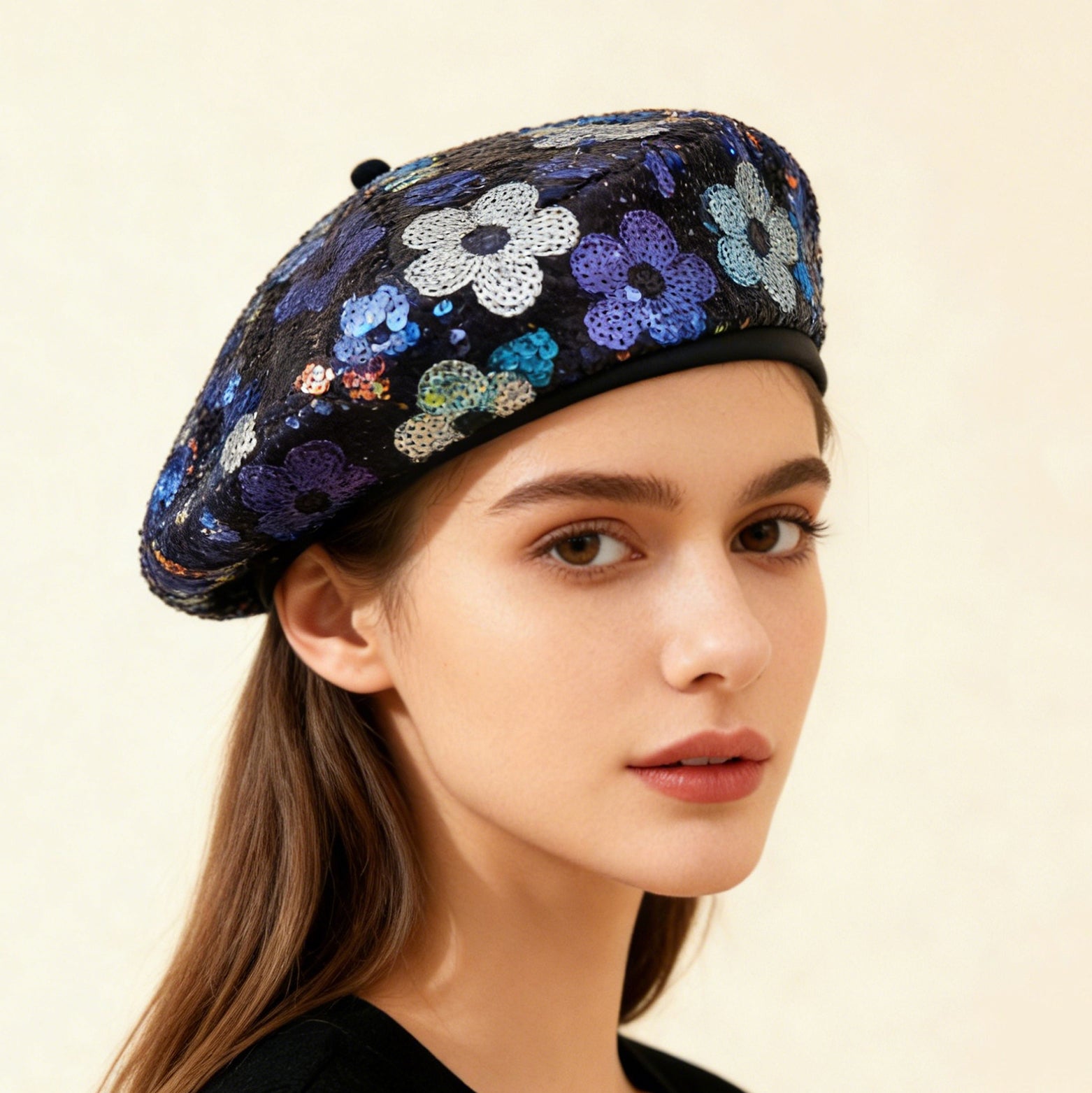 FLORA BERET_スパンコール花付き ベレー帽 レディース トレンド