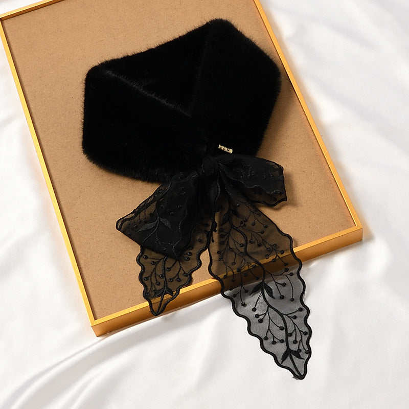 ラビットレースムーン_レディース ふわふわラビット風 ファーカラーマフラー レース付き 厚手あったか