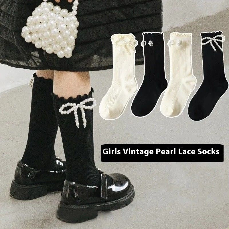 キッズフレンズ_ガールズ パール付き チューブソックス 可愛いデザイン