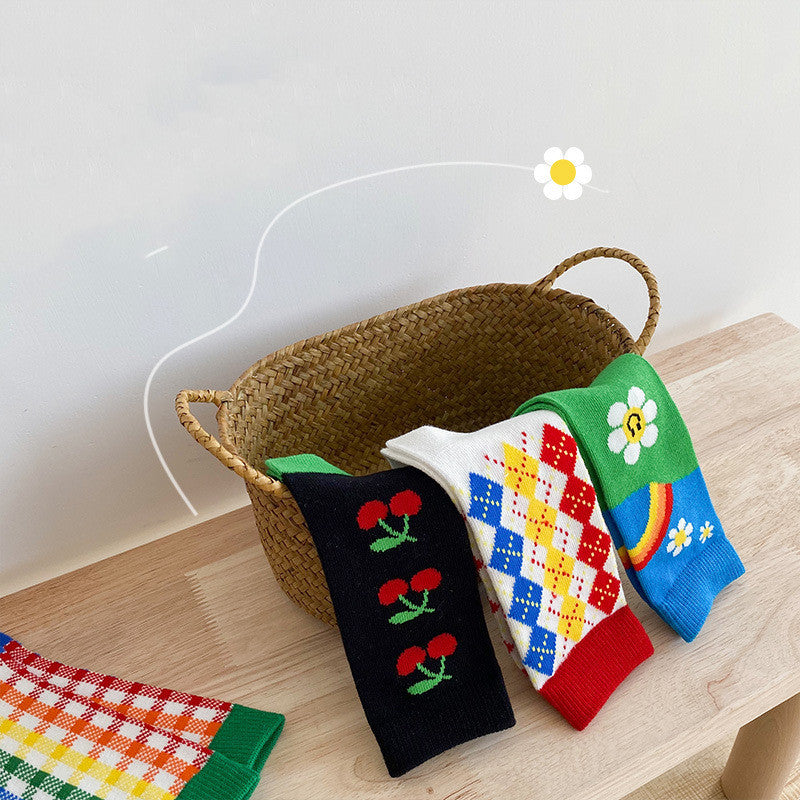 [ セット商品 ] キッズフレンズ_キッズ コットン チューブソックス レインボー ストライプ＆チェック柄（4足）